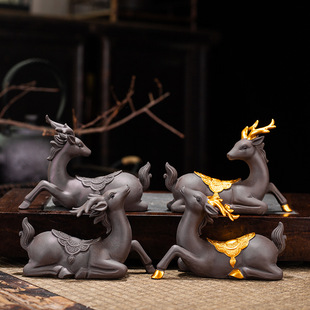 Purple sand small tea play description Golden Deer purple sand tea pet creative tea table tea table car home decoration