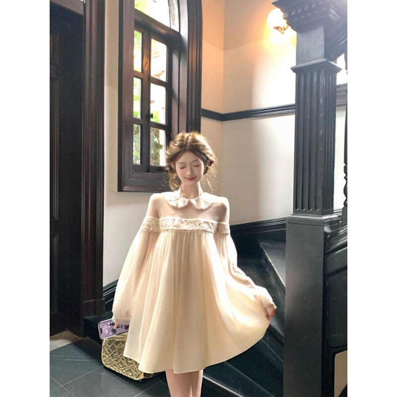 Acaine mid-length doll collar beaded mesh long-sleeve A-line dress for women, summer French sweet dress Acaine mid-length doll collar beaded mesh long-sleeve A-line dress for women, summer French sweet dress