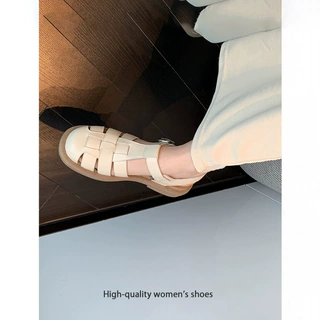 牛皮版罗马凉鞋女2025夏季新款软底包头鞋厚底复古平底格诗琳女鞋