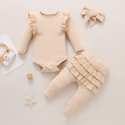 Set of 3 for Autumn Girls: Ribbed Pleated Long-Sleeve Bodysuit and Pants Set with Bow Ties