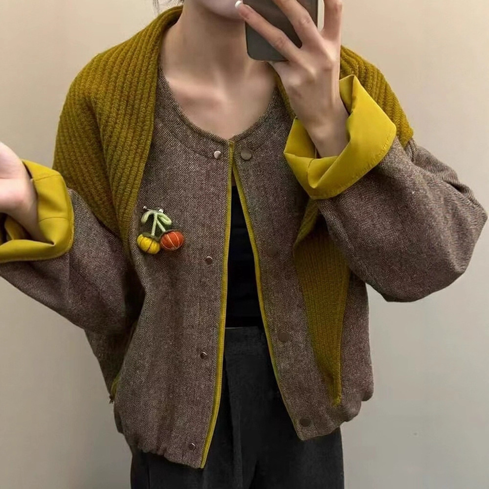 Fashion Color-Blocking Wool Coat with Shawl for Women, European Style, 2025 Autumn New Versatile Slimming Top Trend