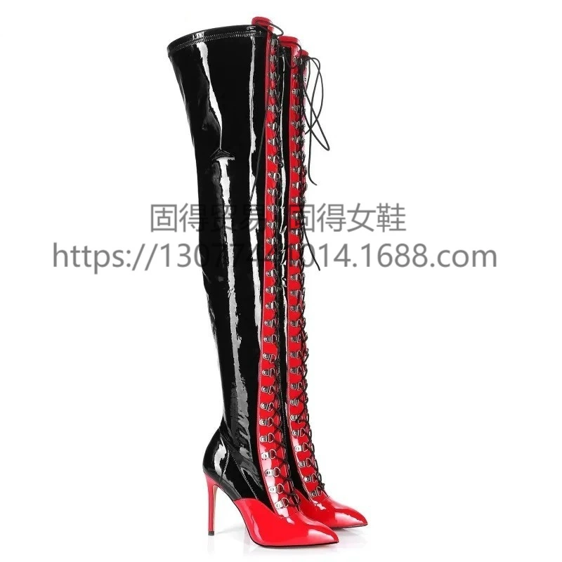 Трансграничная независимая станция ins модный Подиум шоу каблук на шпильке черные и красные женские сапоги с отстрочкой туфли на шнуровке длинные сапоги