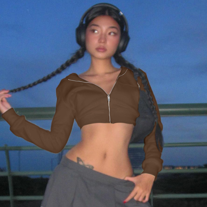 ヨーロッパとアメリカの服 2025 秋の新ファッションストリートスタイルカーディガンジッパーフード付きスリムショートへそ長袖トップ|undefined