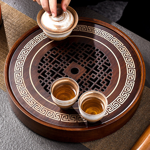 Bamboo water-holding round tea tray for home hospitality retro tea table tea tray Kung Fu tea set tea sea dry soaking tray drain tray