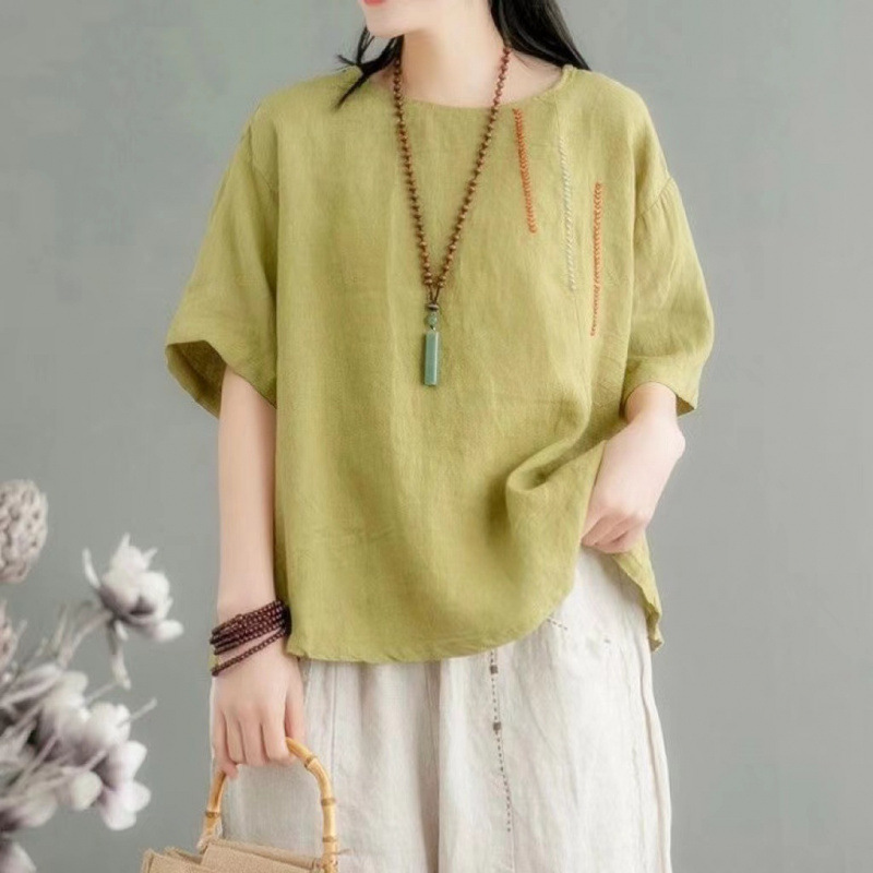 Summer Cotton and Linen Short-Sleeved Women's Embroidered Loose Slimming Versatile Round Neck Retro Breathable Loose Pullover T-Shirt Top