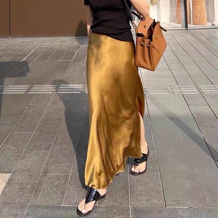 Acetic Acid Ruffle Satin Side Split Skirt Summer New All-match Elegant High Waist Slimming Mid-length Skirt Women
