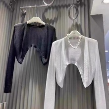 2022年秋新款蝙蝠袖針織開衫女羊毛混紡薄款長袖弧形設計感短外套