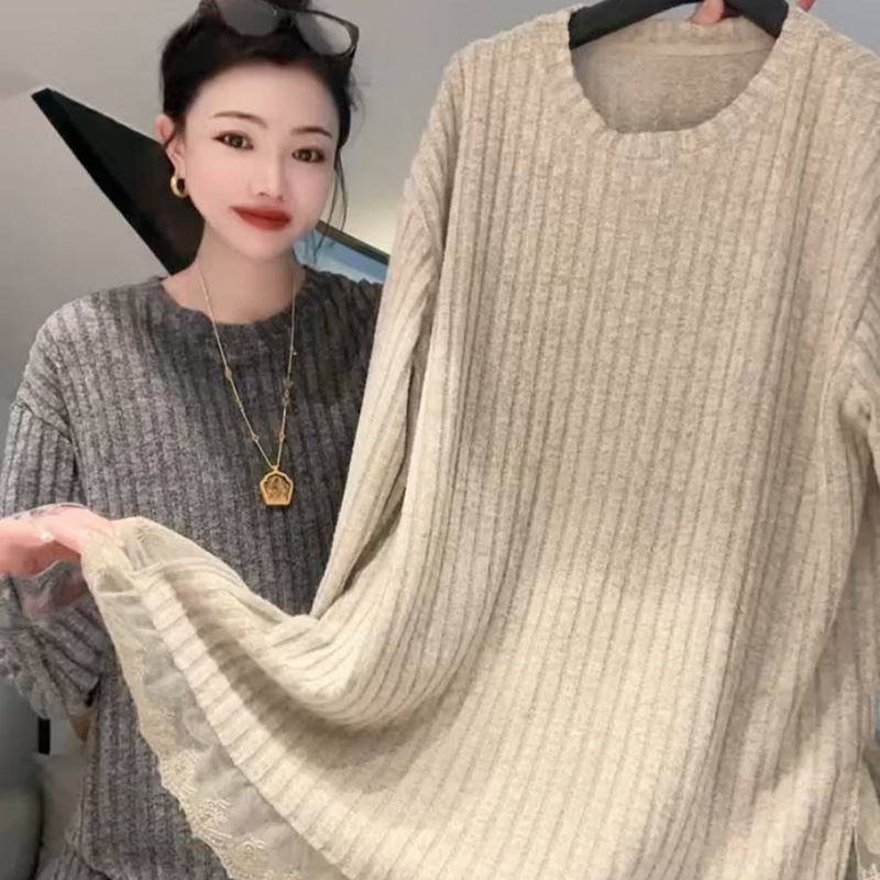 Plus-Size Women's Extra-Large Size 150kg Autumn and Winter Loose Mid-Length Top with Slit and Lace Trim, Versatile Base Shirt Plus-Size Women's Extra-Large Size 150kg Autumn and Winter Loose Mid-Length Top with Slit and Lace Trim, Versatile Base Shirt
