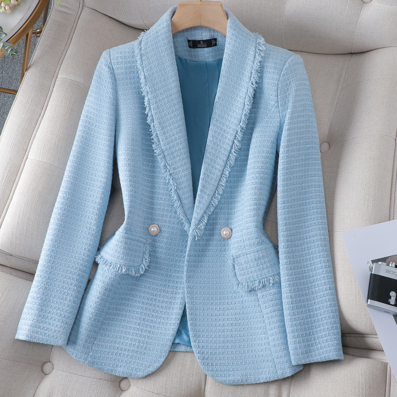 Xiaoxiang style suit coat spring new fashion temperament small suit blue high-end suit spring and autumn tweed woven