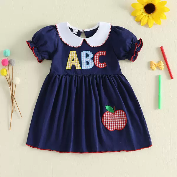 Back-To-School Season Cross-Border Girls' Puff Sleeve Dress Summer Children's Apple Patch Embroidery Doll Collar European and American Style Children's Dress