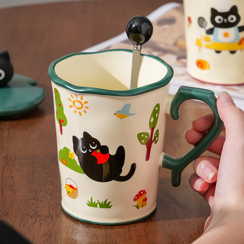漫画セラミックカップかわいい猫マグ蓋スプーン水カップホーム朝食カップカップル誕生日ギフトカップ|undefined