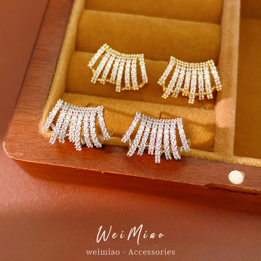 14K oro real galvanizado aguja de plata Zircon pendientes multicapa en forma de C personalidad simple pendientes de moda lujo ligero pendientes de alta calidad