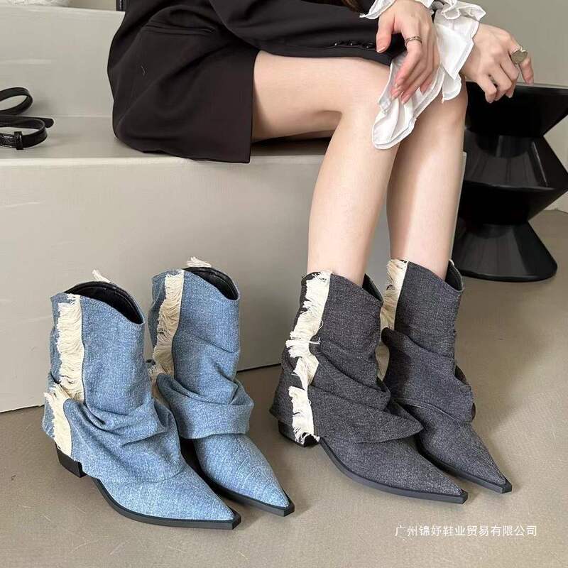 Cowboy Boots Western Light Blue High-Heeled Retro Pointed Toe Pile Pants Boots Thick Heel Boots Sleeve Tassel Short Boots for Women