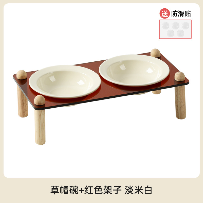 Cuenco de cerámica coreana para gatos, cuenco para mascotas, cuenco para sombreros de paja, pies altos, cuenco de comida para gatos anti-volcado, cuenco de agua para la columna cervical, cuenco doble, cuenco para perros