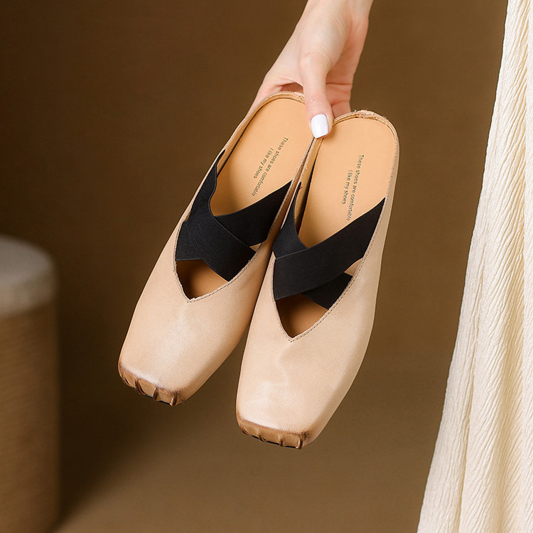 Giày búp bê mũi vuông retro da ngựa, quai sau hở, dép sandal mới hè — đen