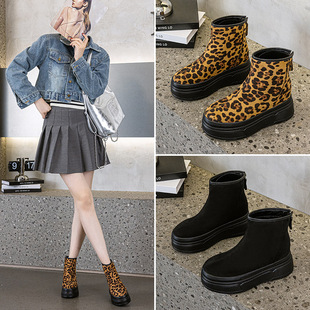Martin Boots Thick Bottom Leopard Print Short Boots Women's Autumn and Winter New Suede British Style Warm Zipper Boots for Women