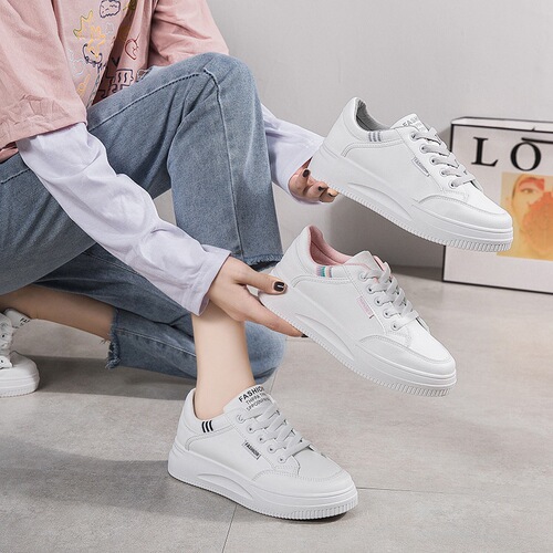 White shoes for women  new spring and autumn versatile breathable sneakers thick-soled dad shoes sports and casual white shoes QR06