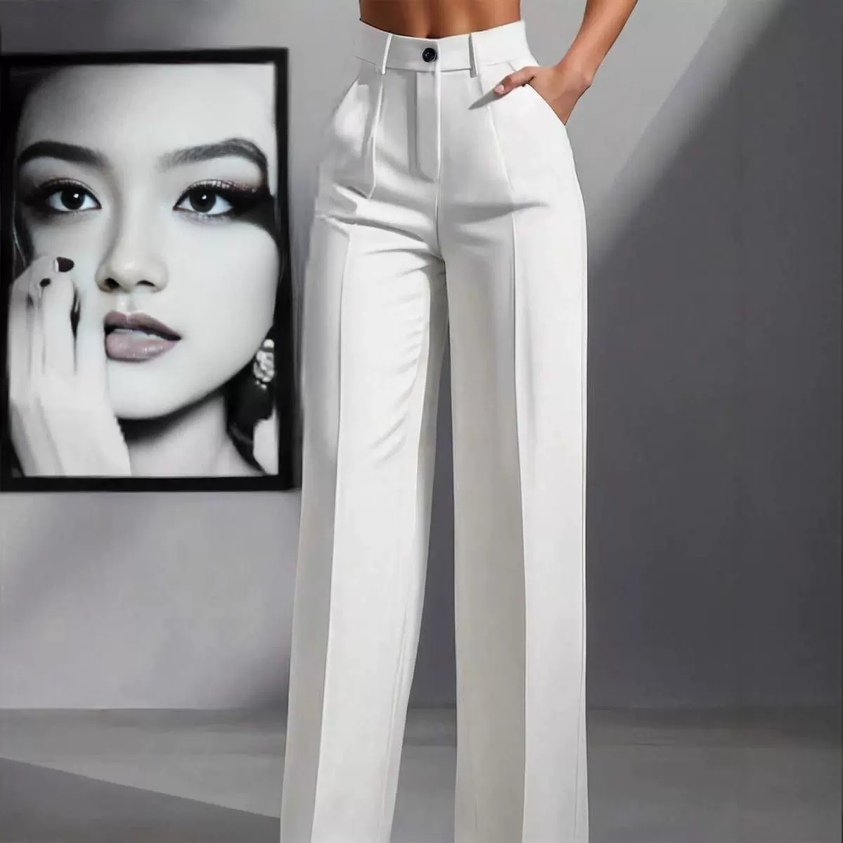 2025欧美亚马逊独立站纯色休闲女式高腰褶皱宽松长裤工作裤西裤