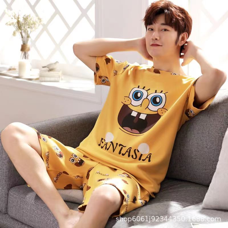 New pajamas men's short-sleeved shorts summer thin artificial cotton plus size cartoon men's home wear