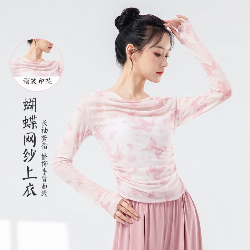 Classical Dance Practice Clothing for Women, New Style Mesh Gradient Sweet Ruched Fingerless Top, Dance Daily Body Training Outfit