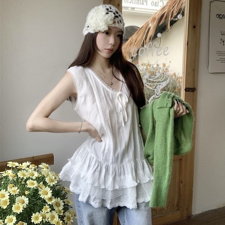 Women's Stacked Sleeveless Vessel Dress for Spring and Summer French Spice Bow Lace Strap Base White Inner Top