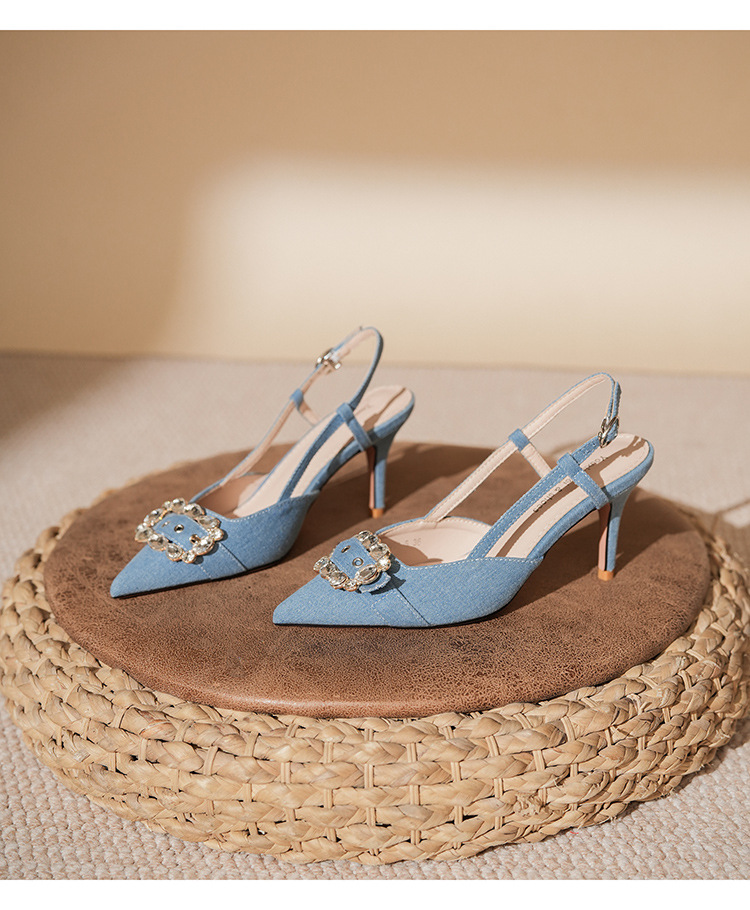 7755-5 Denim Blue Style Belt Buckle Closed Sandals Front Open Back Thin Heel High Heels Commuting_voghion.com