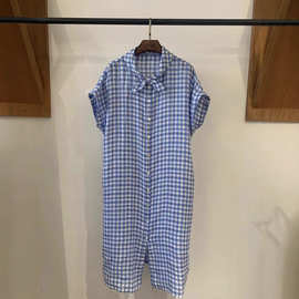 复古文艺亚麻格子连衣裙夏季新款日系减龄百搭小清新系结领衬衫裙