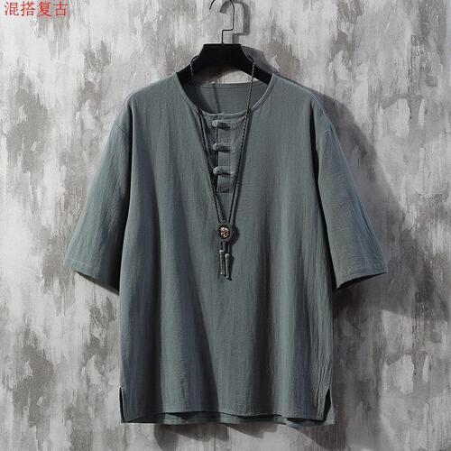 Summer Cotton Linen Short-Sleeve T-Shirt for Men Loose Fat and Large Chinese Style Retro Traditional Chinese Buttoned Collar Tangzhuang Half-Sleeve Top