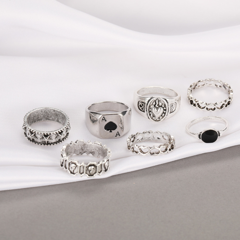 Creative Fashion Temperament Jewelry Simple Atmosphere Dark Retro Spades Love Ring 7-piece Set display picture 5