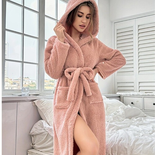 Elegant winter pink robe pajamas with pockets, tie waist, coral velvet bathrobe set for women, warm and thick