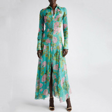 跨境女装春季新款翻领长袖绿色印花单排扣翻领浪漫气质长款连衣裙