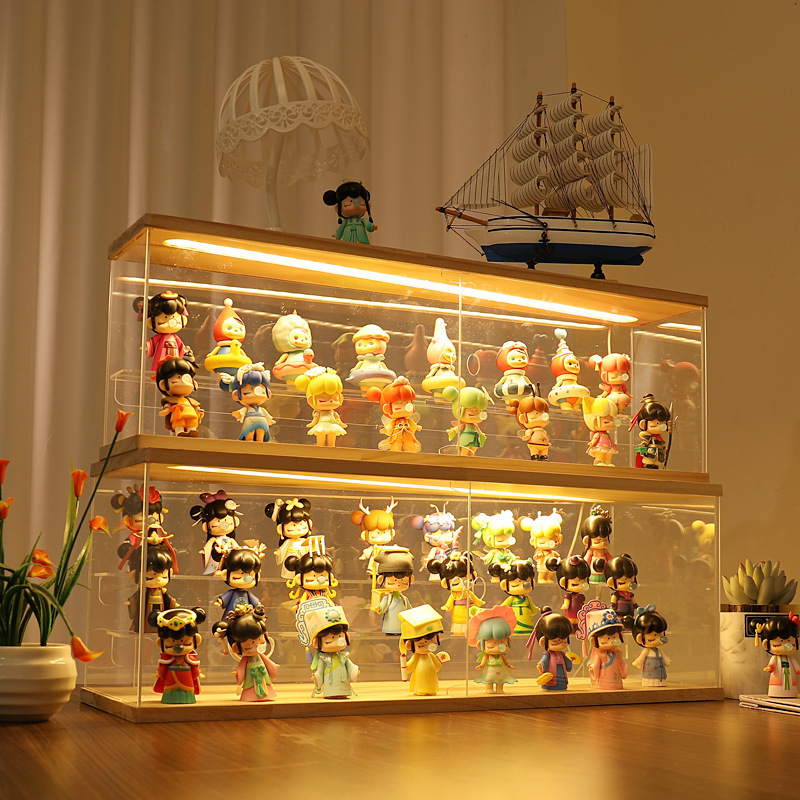 Blind Box storage display stand bubble Matt Doll storage box transparent acrylic hand-made display cabinet with light solid wood