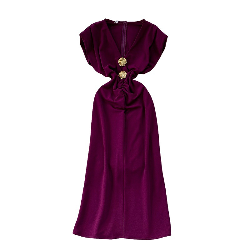 American Style Elegant V Neck Short Sleeved Dress For Women, Summer Design With Metallic Seashell Waist, Formal Gown._ecoleips.com