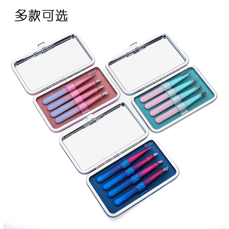 Eyebrow Clip Set with Mirror, Glitter Gradient Resin Tweezers 4-Piece Set, Eyebrow Trimming Tools, Stainless Steel Eyebrow Plucking Clips