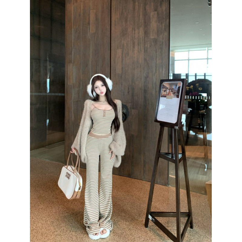 纯欲慵懒条纹吊带高腰垂感宽松显瘦休闲裤毛衣针织外套套装女|undefined