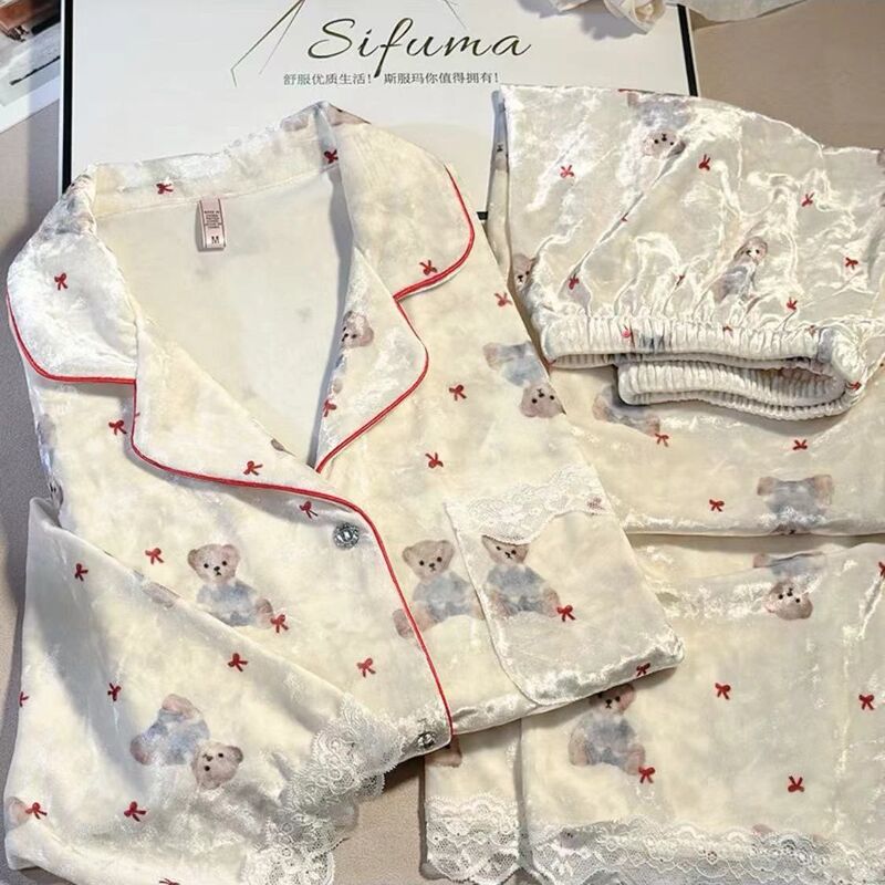Golden Velvet Cartoon Bear Pajamas Women's New Arrival Gold Diamond Velvet Long-Sleeved Trousers Home Clothes Pajamas suit Can be Wearable for Winter Golden Velvet Cartoon Bear Pajamas Women's New Arrival Gold Diamond Velvet Long-Sleeved Trousers Home Clothes Pajamas suit Can be Wearable for Winter