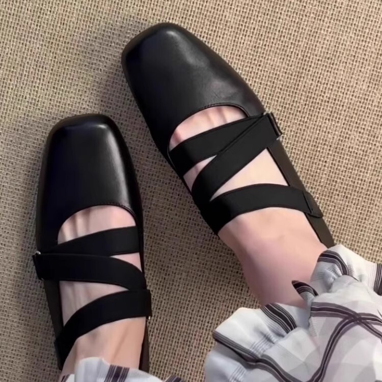 羊皮版~韩版小香风黑色平底芭蕾舞鞋女2025新款交叉带一脚蹬单鞋|undefined
