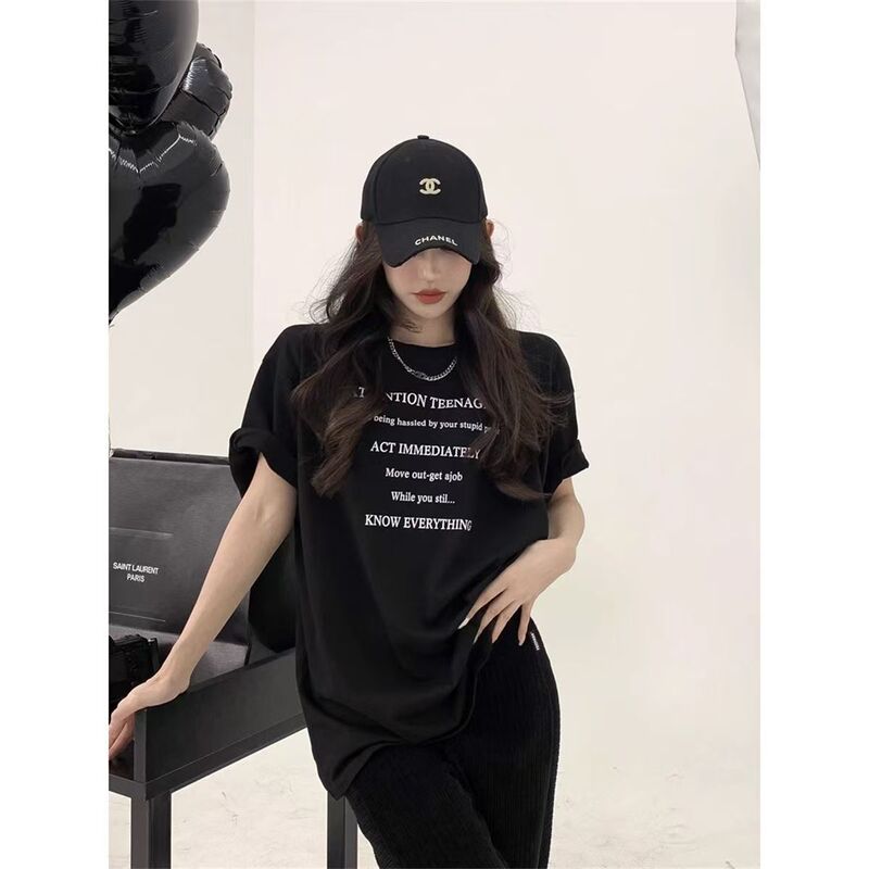 レタープリント半袖レディース夏新作香港風Tシャツカジュアルゆったりアイスシルク涼感トップスアイスシルク風|undefined