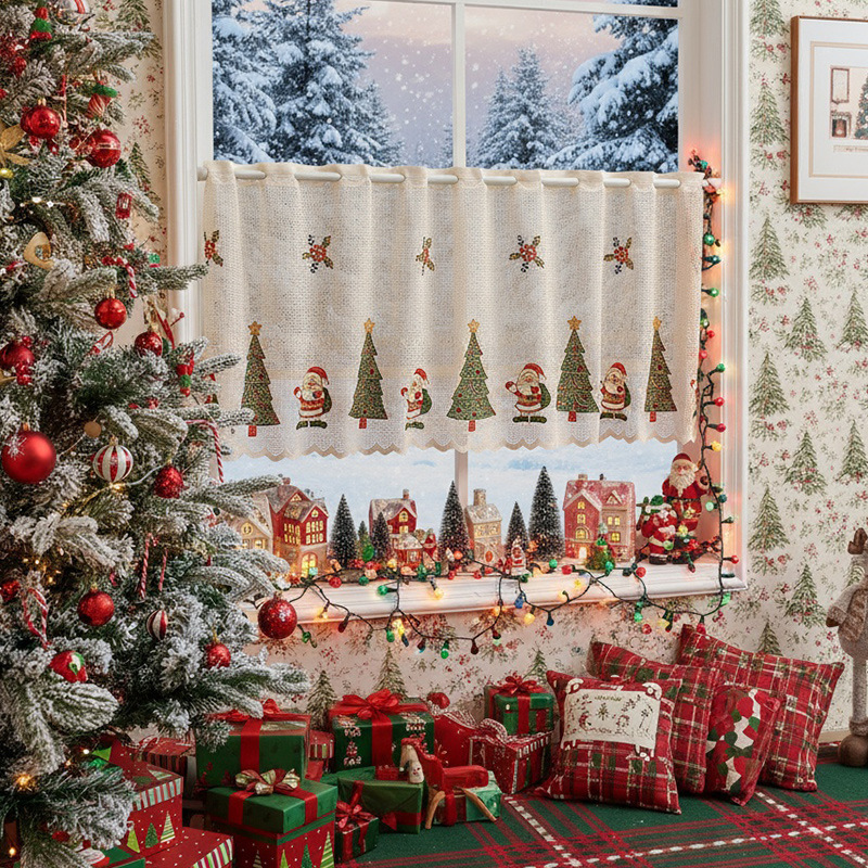 American Christmas Curtain Bell Embroidered Lace Blackout Rectangular Beautification Decorative Coffee Curtain Retro