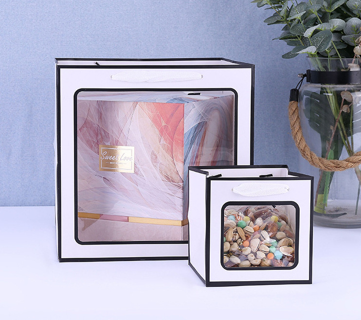 Bolsa de embalaje cuadrado engrosado flores boda bolsa de regalo inferior transparente ventana portátil bolsa de regalo bolsa de papel al por mayor