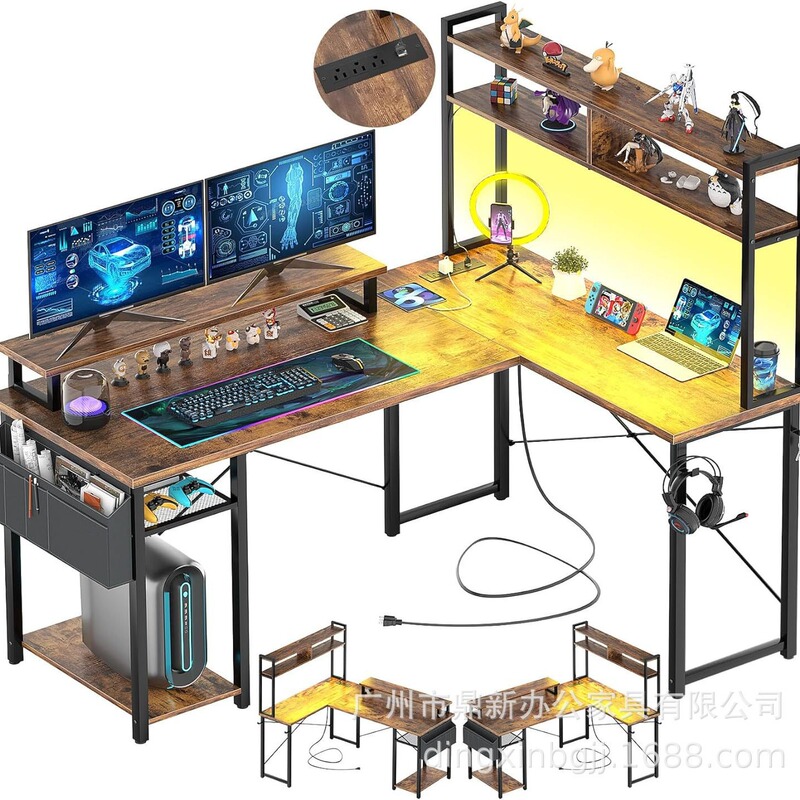 Amazon Hot SeLLing L Shaped Gaming Desk with LED Light Power Socket Monitor Stand & Storage SheLf