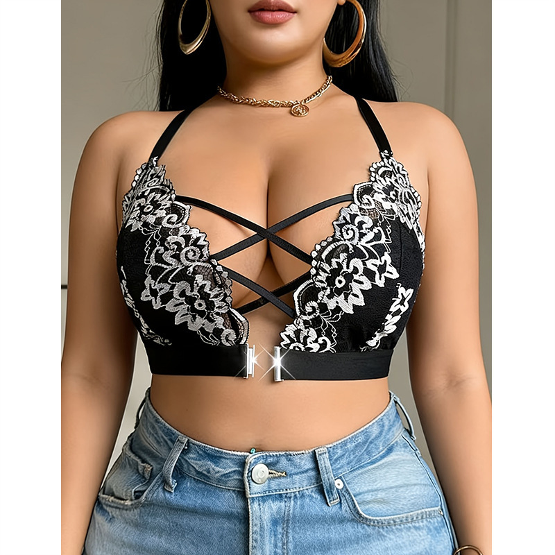 Cross-Border Sexy Lace Plus-Size Bra with Cross Straps, Beautiful Bust Lingerie, Plus-Size Front-Clasp Push-Up Thin Padded Bra