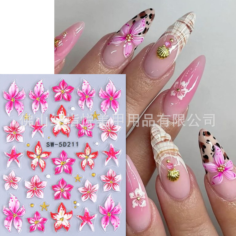 5D Embossed Cherry Blossom Nail Stickers Ins 3D Summer Lily Flower Ice Flower Hollow Small Flower Adhesive Nail Decals
