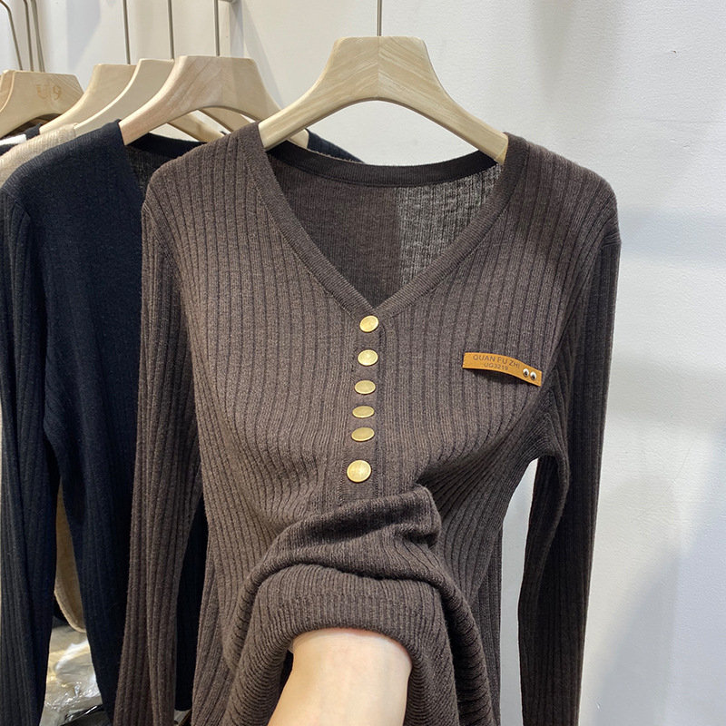 Women's Clothing base knitted sweater women autumn new style v neck long sleeved top pullover fashionable temperament inner sweater_voghion.com