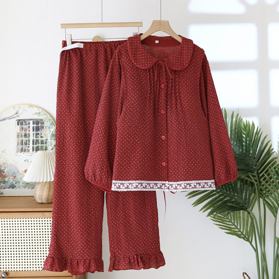 Sweet Floral Breastfeeding suit Women's Spring and Autumn New Arrival Chest Pad Long-Sleeved Trousers Red Brocade Qimeng Moon Dress Breastfeeding suit