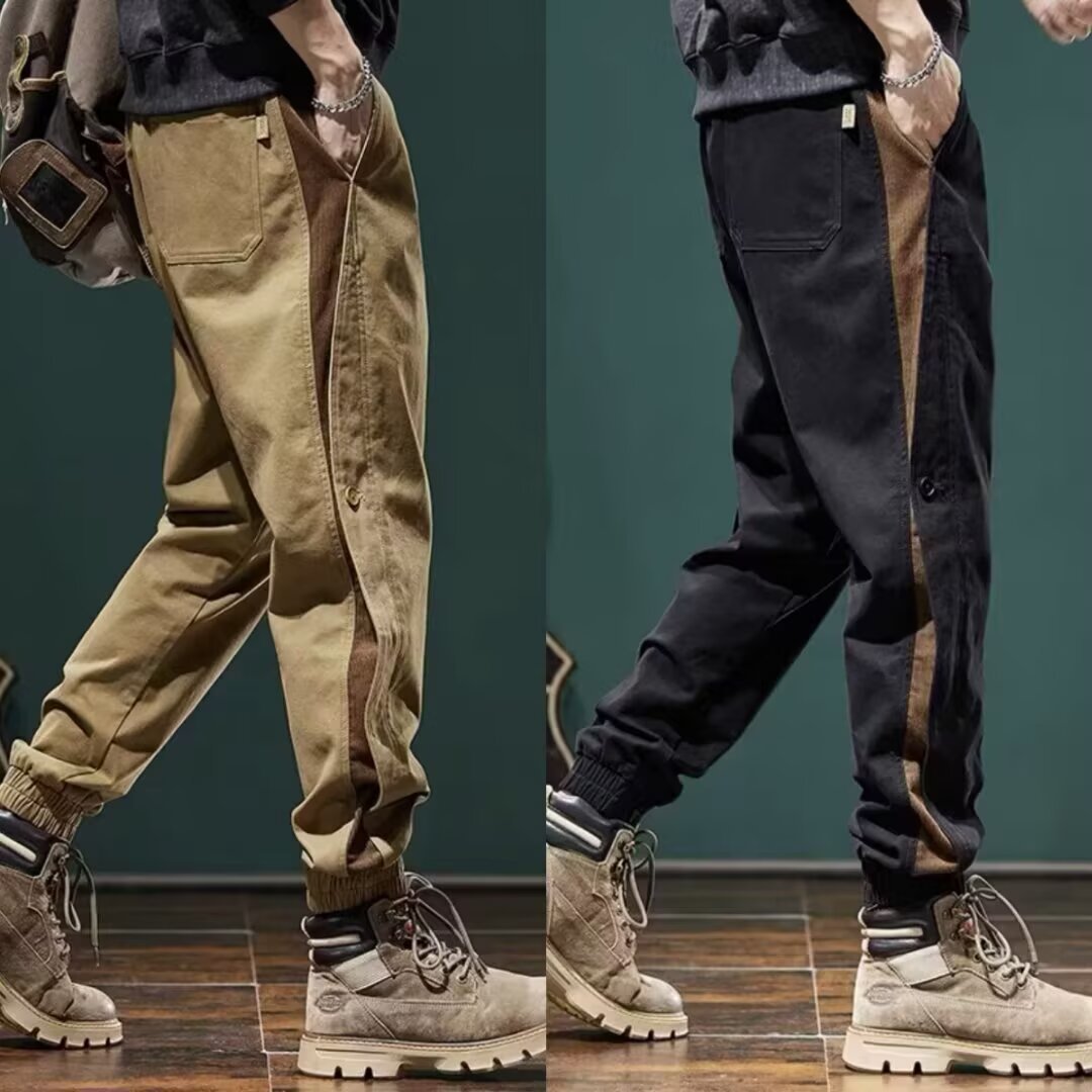 春秋季美式复古水洗重磅束脚工装裤子新款男潮牌宽松百搭拼接长裤