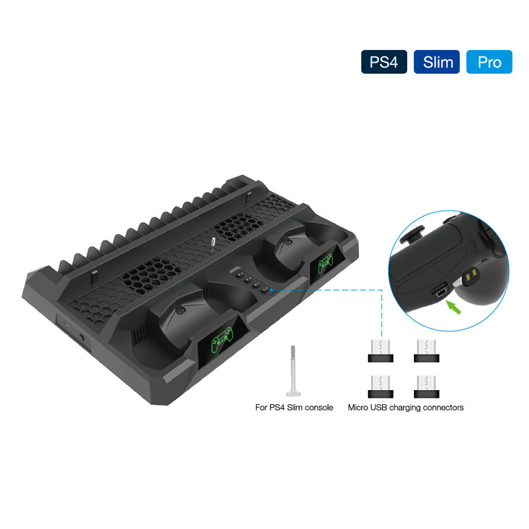 PS4 / SLIM / PRO Host Base de ventilador de disipación de calor multifuncional con soporte de almacenamiento de discos PS4 mango de carga doble asiento