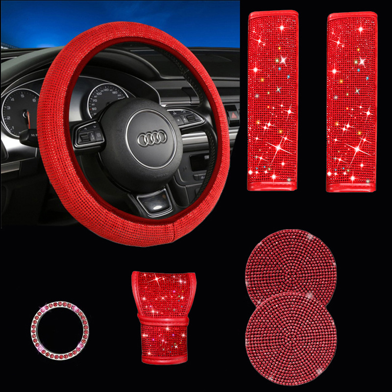 8-Piece Car Diamond-Encrusted Decorative Set: Steering Wheel Cover, Ignition Ring, Seat Belt Shoulder Pads, Cup Mat, Gear Shift Cover