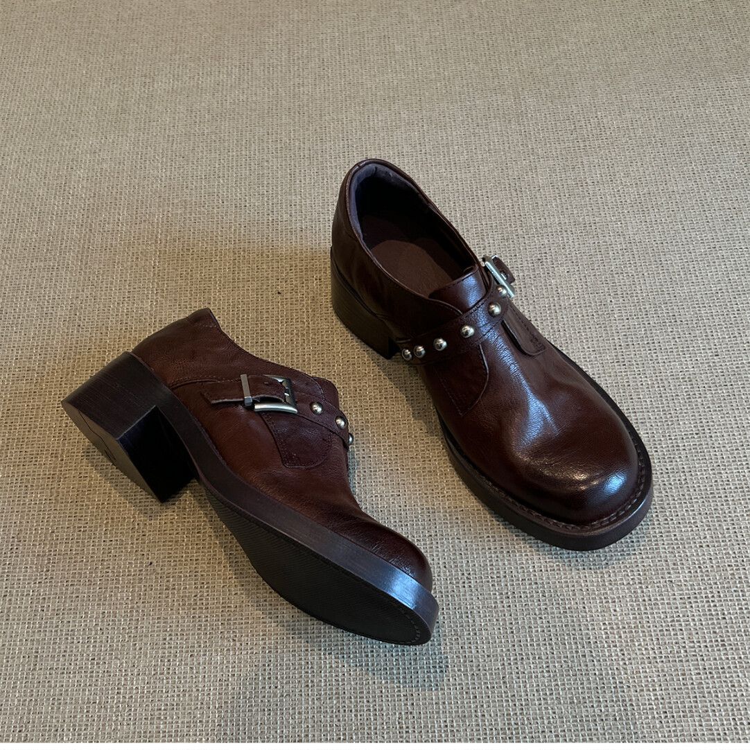 Sheepskin Version ~ Genuine Leather 5cm Brown Loafers for Women British Versatile Round Toe Rivets Thick Heel Small Leather Shoes Thick Sole Flats