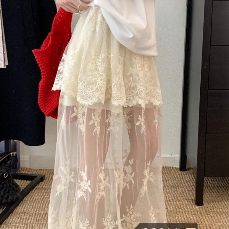 蕾丝花边拼接半身裙2026夏季新款复古高腰设计感A字网纱长裙女装